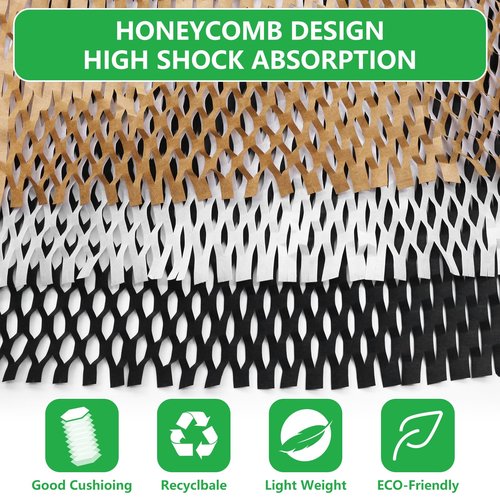 Honeycomb Packing Paper PINENUTS 15" x 131' Eco Friendly Packing Paper for Moving Recyclable Honeycomb Paper Bubble Paper Wrapping with 30 Fragile Sticker Labels and 66fthemp rope (White)
