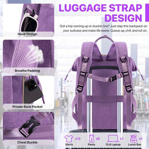 Xocvji Lunch Backpack for Women, Laptop Backpack Fits 15.6 Inch, Insulated Cooler Backpacks with Lunch Box, Nurse/Teacher/Work Bag for Travel Beach Camping Picnics Womens Gifts, Purple