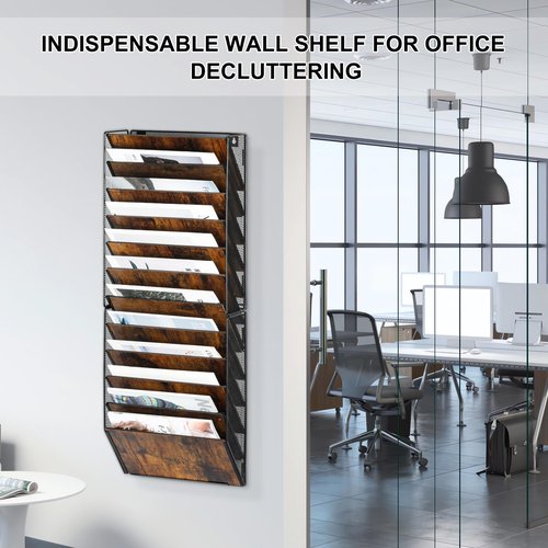 Solinxe 12-Pocket Wall File Organizer, Wood Mail Organizer Wall Mounted Paper Document Magazine Holder, Hanging Clipboard Storage Basket for Office Home School Organization, Black/Antique