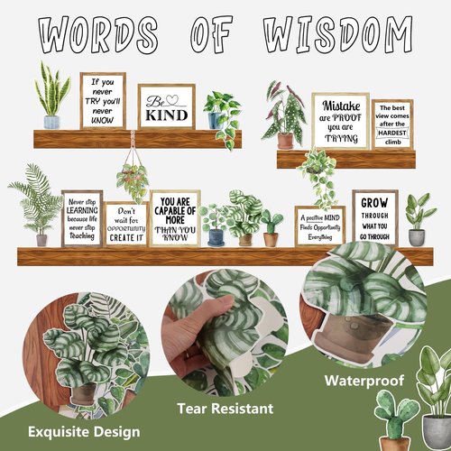 Arosche Classroom Decor Bulletin Board Decorations Set Words of Wisdom Potted Plant Greenery Cutouts Motivational Welcome Back to School Bulletin Board Border for Classroom Chalkboard Wall Door