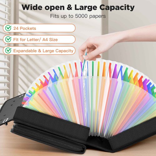 Zannaki Accordion File Organizer with Binder, Portable 24 Pockets Expanding File Folder with Handle, Important Document Box Folio, Expandable Briefcase Filing Storage for Letter A4 Paper Receipt Bill