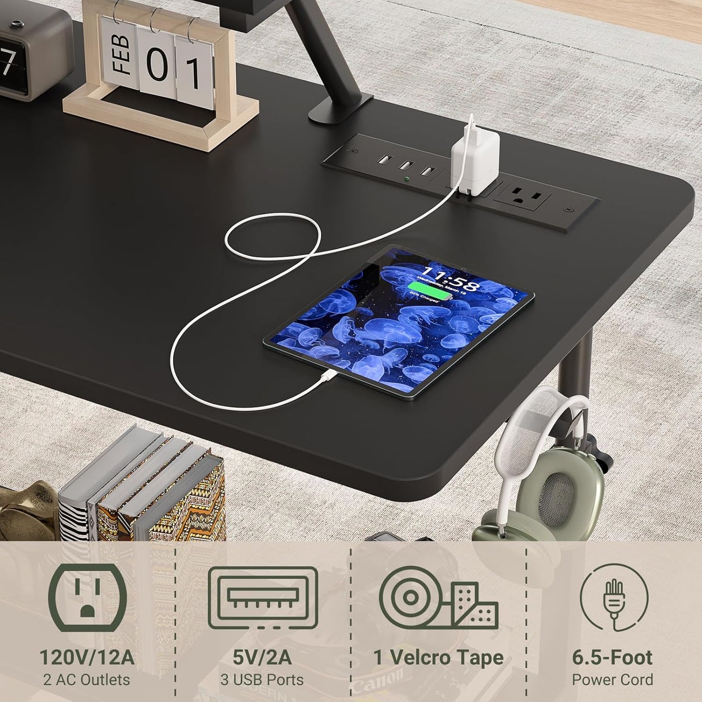 Skiennix Height Adjustable Standing Desk - 32" Manual Desk with Power Outlets & LED Lights | Portable Black Laptop Table