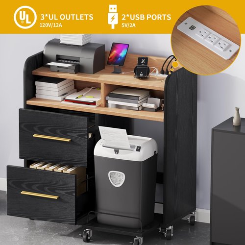 DWVO Printer Stand with Storage, File Cabinet with Charging Station, Printer Table Cabinet for Home Office, Printer Stand Cart, Fits A4, Letter, Legal Size Files, Office Furniture, Black