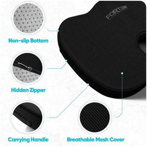 FORTEM Office Chair Cushion, Memory Foam Seat Cushion, Non Slip Sitting Pillow for Gaming, Car Seat, Computer Chair Pad, Sciatica and Tailbone Support, Washable Cover