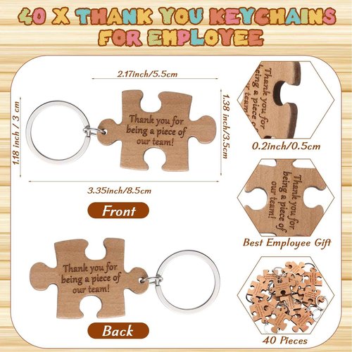Kosiz 40 Sets Employee Appreciation Gift Bulk 10 styles Inspirational Bamboo Ballpoint Pen with Wooden Puzzle Keychains Thank You Cards team building gifts for Team Coworker Teacher Nurse