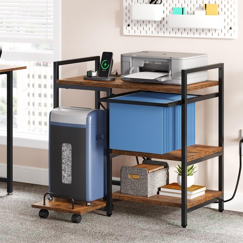 YITAHOME Printer Stand with Storage, 3 Tier Office Printer Desk Stand, Printer Stand for Home Office, File Cabinet with Charging Station, Brown
