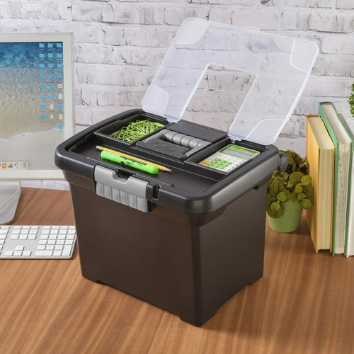 File Organizer and Portable File Box - 15 Inch Letter Size Plastic Storage Box, Expandable File Folder for Office/Home (Black)
