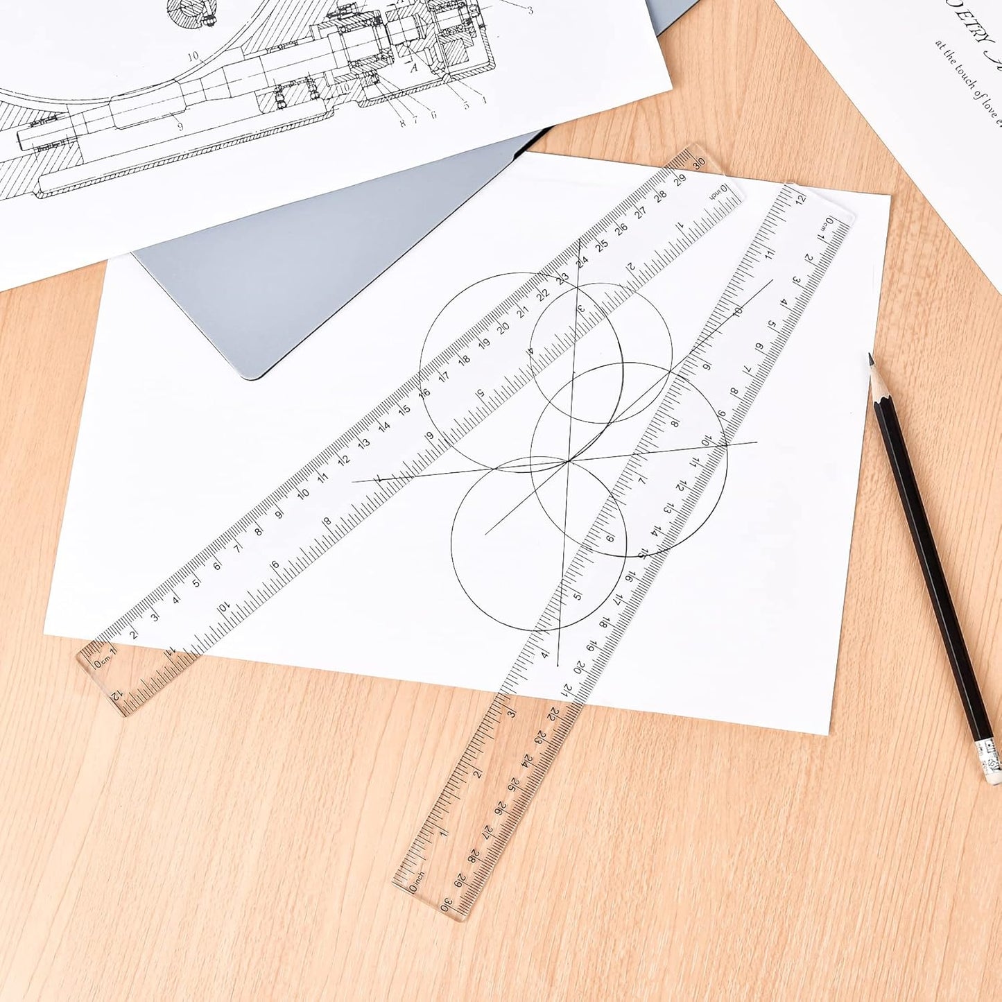 Unjoo 12-Inch Clear Plastic Ruler - Shatterproof Design with Inches & Centimeters | 2-Pack for School & Office