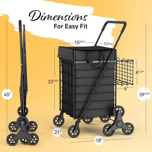 Our Modern Space Stairs Climbing Shopping Cart w/Waterproof Basket Liner & 360° Swivel Wheels | Foldable Collapsible & Lightweight | Perfect for Groceries Laundry Utility Cart - Black