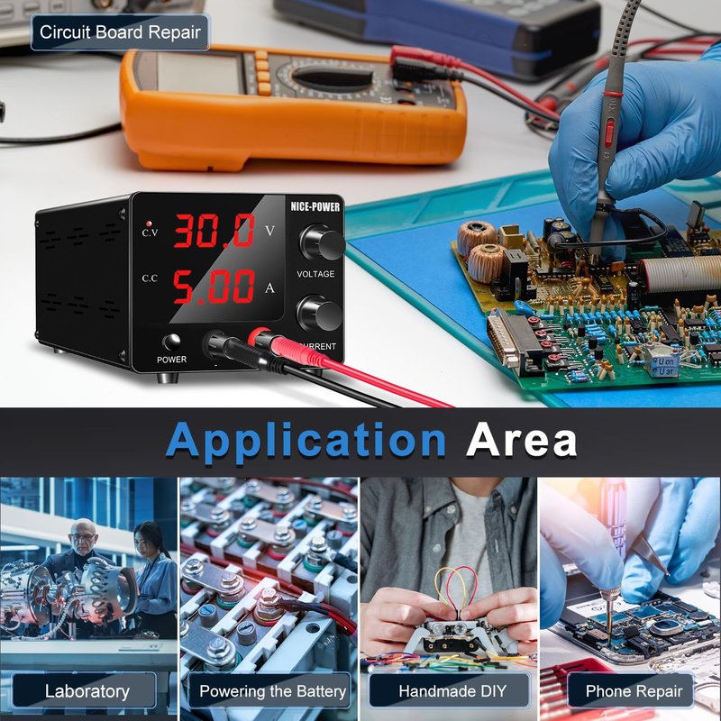 NICE-POWER DC Power Supply Variable, 30V 5A Adjustable Switching Regulated Power Supply with Encoder, Upgraded 3-Digits LED Display, Electroplating DIY LED Test Mini Regulated DC Bench Power Supply