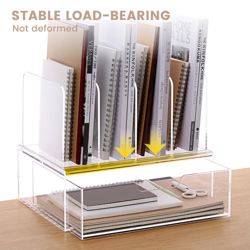 DINGHUO Acrylic Desk Organizer, 4 Sections Upright Sorter Desk Accessories Paper File Organizer with Drawer Letter Tray, Clear Office Supplies - 1 Pack