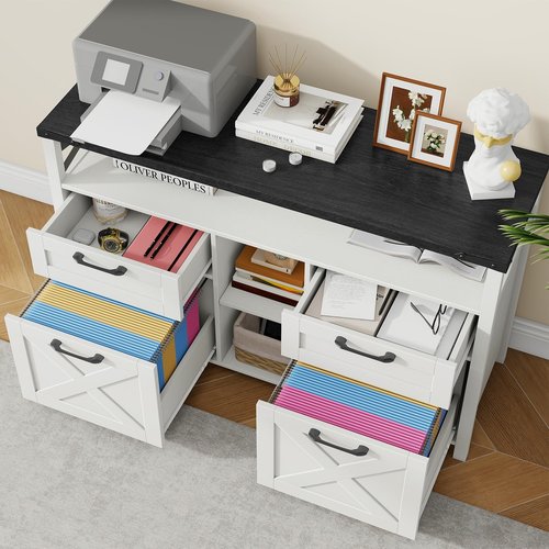 Farmhouse Filing Cabinet with Adjustable Shelf for Home Office, Lateral File Cabinets 4 Drawers with Open Storage Shelf, Filing Organization Storage Cabinets for Hanging Files Letter/A4.(Black)