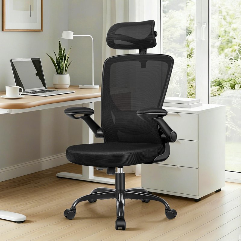 Ergonomic Office Desk Chair, Computer Desk Chair with Adjustable Lumbar Support, FILP-up Arms, Breathable Mesh Home Office Chairs Comfortable for Long Hours, Black