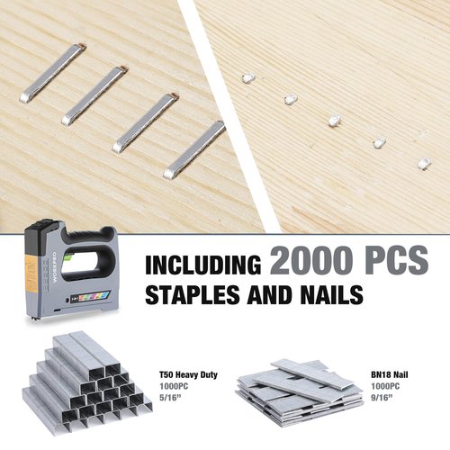 WORKPRO 5 in 1 Cordless Staple Gun, 3.6V Rechargeable Electric Stapler with 2000 Staples and Nails, Upholstery Staple Gun for Wood, Furniture, Office, and DIY Projects