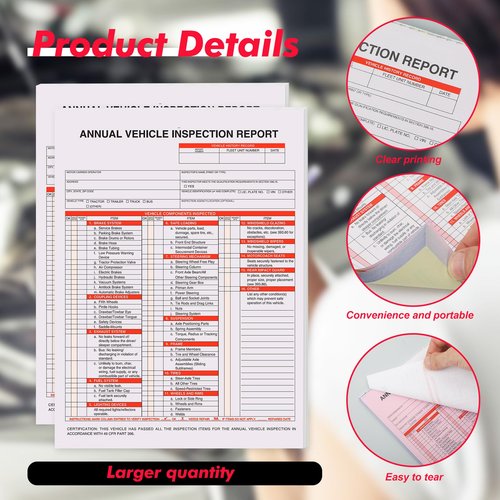 50 Pack Annual Vehicle Inspection Report Form Detailed Driver's Vehicle Inspection Report 8.5"*11.4" Dot Vehicle Inspection Forms 3-Ply Carbonless 25 Sets of Forms Per DVIR Book for Truckers