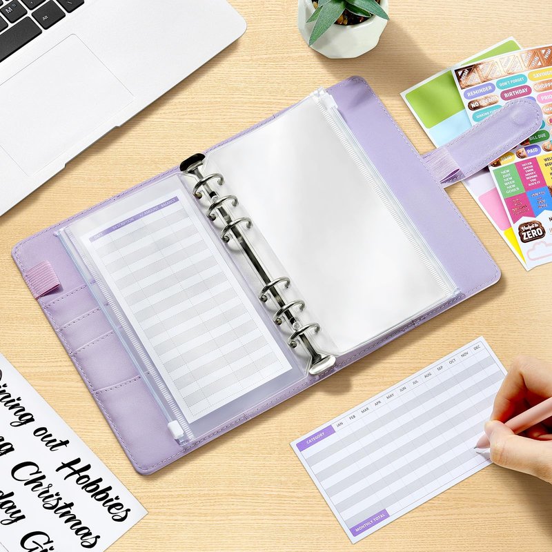 Sooez Laser Silver Money Organizer for Cash, A6 Budget Binder with Cash Envelopes, 39 Black Bold Sticky Labels & 24 Colorful Budget Sheets, Money Saving Binder for Budgeting