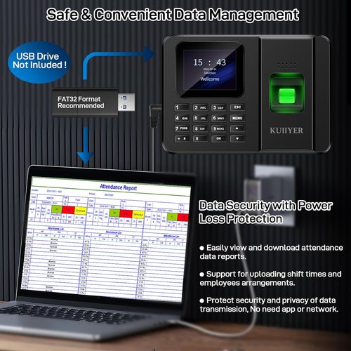 KUIIYER Employee Time Clock - 2-in-1 Fingerprint & Password Attendance System | Compact Design