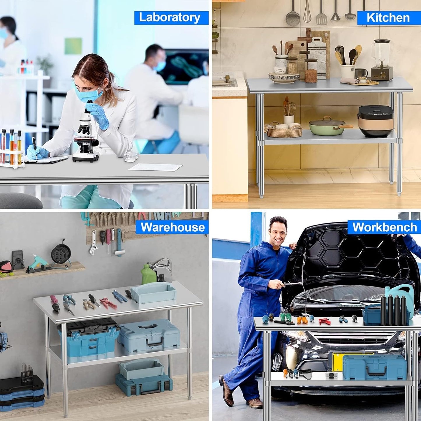 Skiennix Stainless Steel Prep Table - Heavy Duty 24x30 Inches with Adjustable Under Shelf & Foot