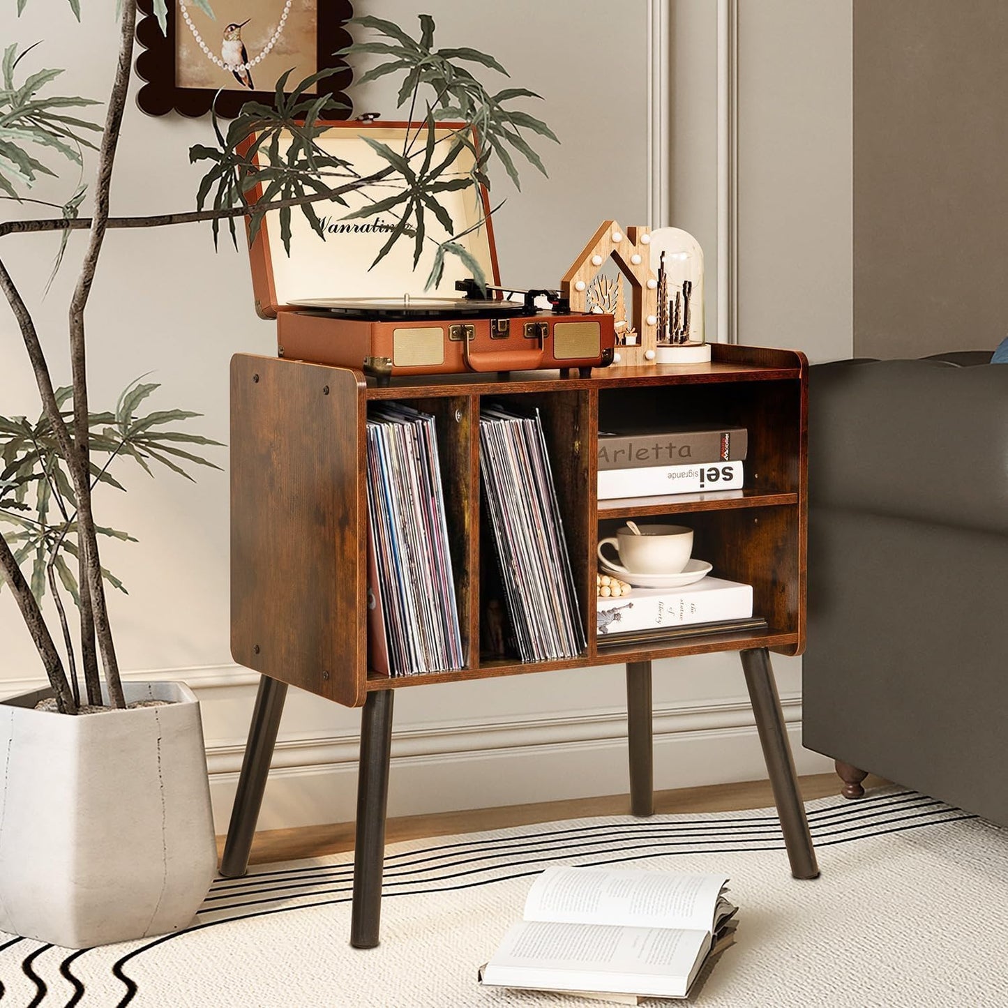 Skiennix Mid-Century Record Player Stand - Vinyl Storage for 150+ Albums | Adjustable Shelves, Brown