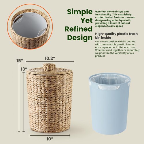 Tidita 4 Gallons Wicker Waste Basket - Water Hyacinth Bathroom Garbage Can with a Lid - Bathroom Trash Can Boho Style - Wicker Trash Can with Lid for Household, Kitchen - Removable Liner, Iron Frame