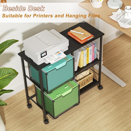 Sbanmao 2 Drawer File Cabinet, Lateral Filing Cabinet, Rolling Printer Cabinet Cart with Open Storage Shelf, Office Storage with Wheels, Home Furniture, Black