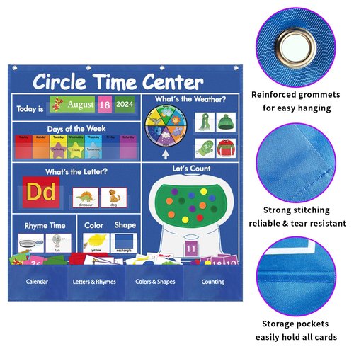BOHEMIABY Circle Time Learning Center Classroom Pocket Chart Preschool, Educational Pocket Chart Teaching Materials, Learning Calendar Weather Counting Letter Color Shape (circle time learning center)