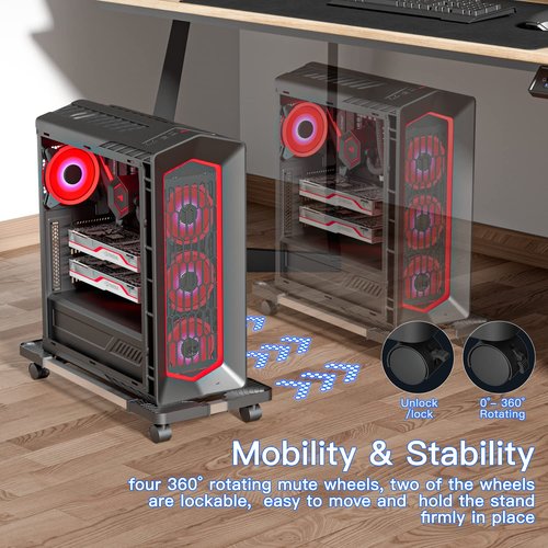 Mobile CPU Stand, CPU Rolling Stand Adjustable Computer Mobile Cart Holder with Locking Caster Wheels PC Stand - Black