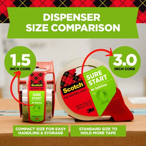 Scotch Sure Start Packing Tape, Clear, Holiday Wrapping Tape with Quiet Unwind and Easy Start, 1.88 in. x 22.2 yd., 6 Tape Rolls with Dispensers