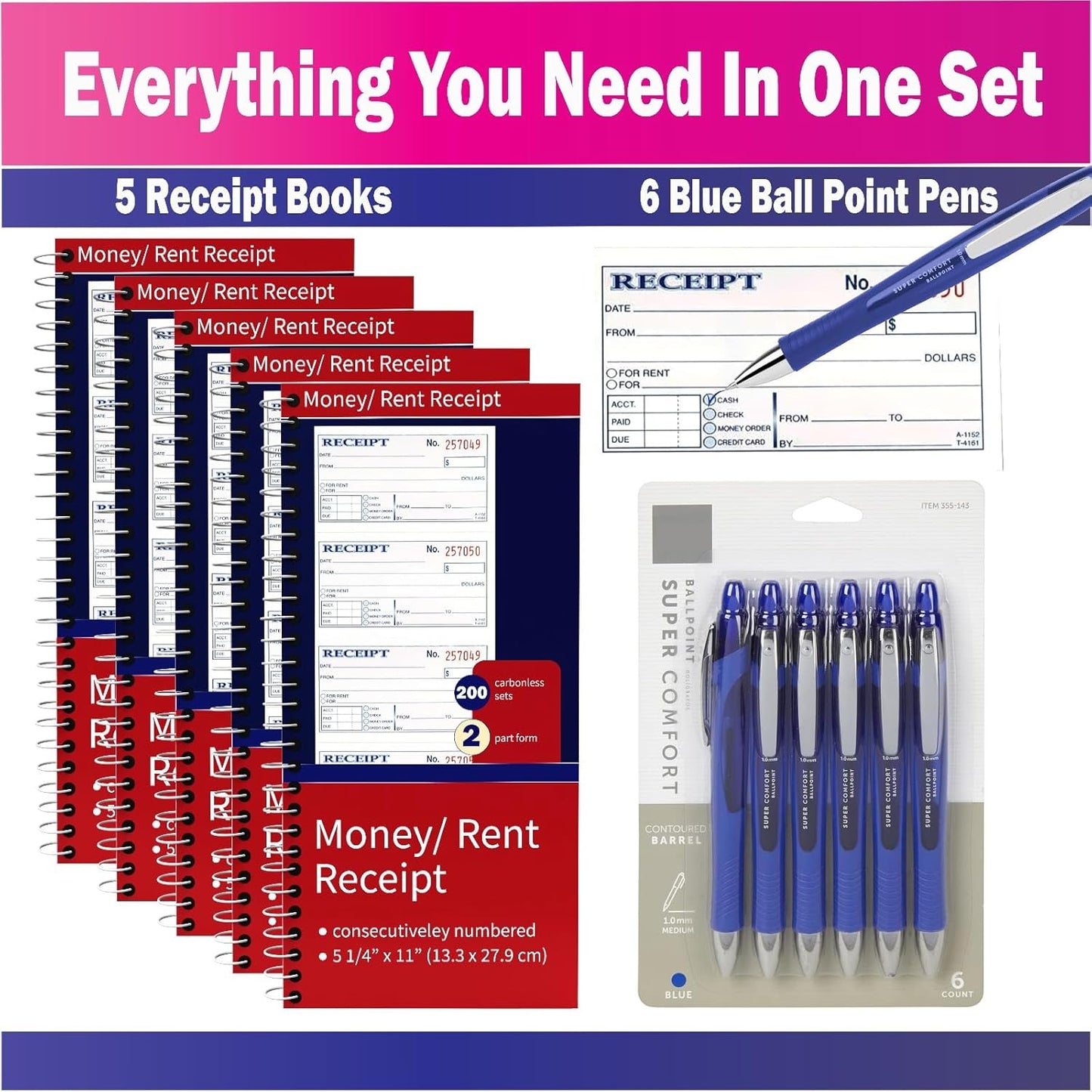Receipt Book (5 Pack Books), Receipt Book with Carbon Copies, Invoice Receipt Book, Rent Receipt Book, Receipt Book for Small Business, 6 Pens, 2-Part Carbonless, 5-1/4" x 11", 200 Sets