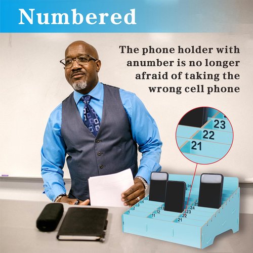 OFCAD 30-Grid Cell Phone Holder with Number Stickers Desktop Organizer Storage Box for Classroom Office(Blue)