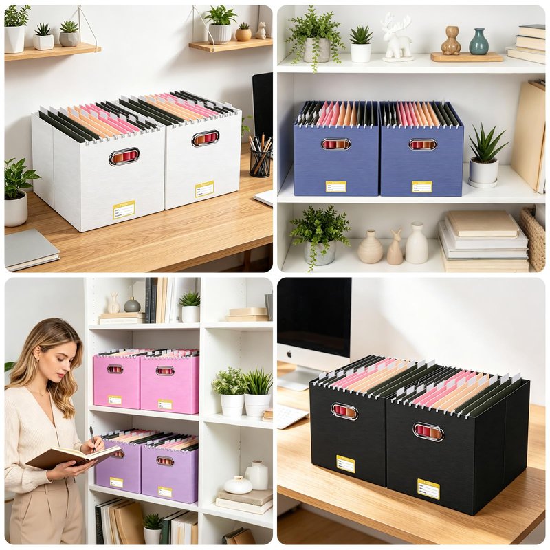 BALEINE File Organizer Box, Cardboard File Folder Organizer with Handle for Letter Size, Portable Collapsible Hanging Filing Box for Home Office Document Storage (2 Pack, Large Lavender)