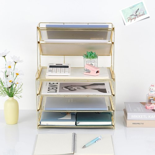 OPNICE 6-Tier Letter Tray Paper Organizer, Desk Organizers and Accessories, Desktop File Organizer, Office Desk Accessories for Office Supplies (Gold)