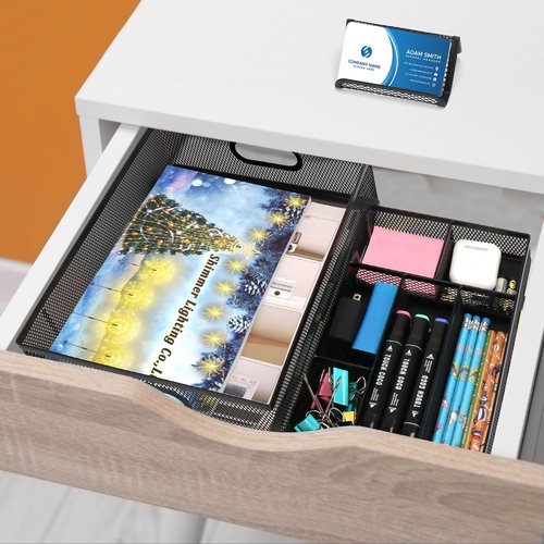 Drawer Organizers, 3 Sets Metal Mesh Desk Drawer Organizer Trays, 2 Desktop Organizers with 2 Pcs Phone Brand Card Holders, Desk Drawer Box Tray for Office, Bathroom, Kitchen, Makeup, Vanity