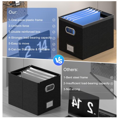GRSQYS File Organizer Box File Boxes for Hanging Files with Lid Set of 3 Decorative Hanging Folders Letter Size Organizer with One-Piece Plastic Frame Slides (13.2 * 10.1 * 10.1in(3Pack), Black)