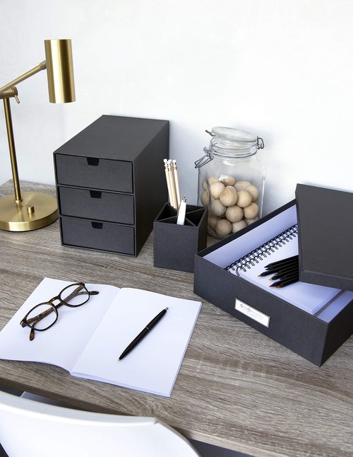 Bigso Oskar Fiberboard Label Frame Document Letter Box - File Organizer Box for Important Paperwork - Document Storage with a Lid & Metal Label Window - 3.3 in x 10.2 in x 13.8 in - Dark Grey