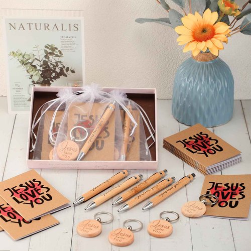 Tenceur 50 Sets Christian Gifts for Church Bulk Include Jesus Loves You Sign Inspirational Prayer Notepad Bible Verse Bamboo Pen Religious Keychain with Organza Bags for Christmas Sunday School