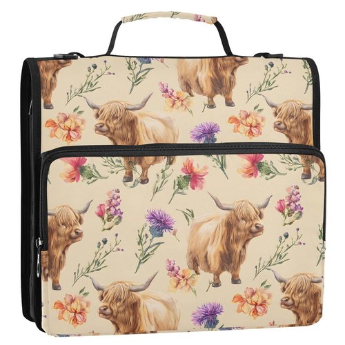 ALAZA Zipper Binder 3 Ring Highland Cow Flowers Binder Organizer with Zipper and Shoulder Strap Large Capacity Multi-Pocket Trapper Keeper File Folder for Office Supplies