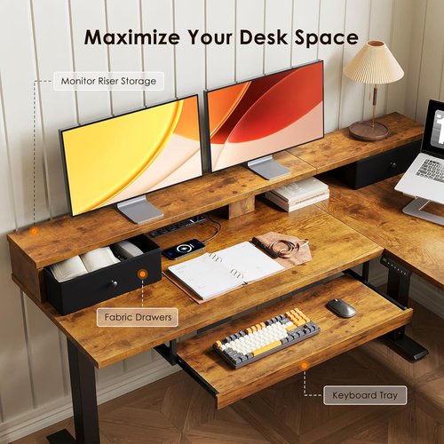 OffiGo L-Shaped Electric Standing Desk - Height Adjustable Corner Desk with Drawers & Monitor Stand | Rustic Brown, 59 Inch