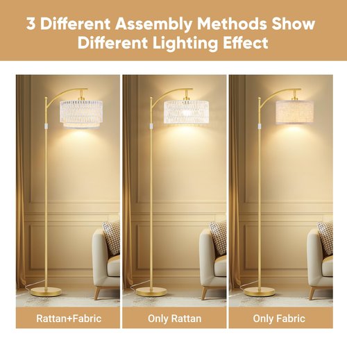 Rattan Floor Lamps for Living Room, Boho Standing Lamps with White Rattan& Linen Double Shades, Arc Lamps Floor Standing with 9W Bulb, Foot Switch, Gold Bohemian Floor Lamps for Bedroom, Office-Drum