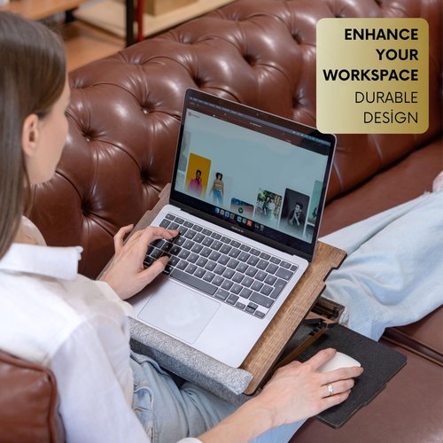Vigo Wood Laptop Tray - Lap Tray with Cushion, Laptop Table for Bed & Sofa, Adjustable Lap Desk, Portable Bed Table for Work & Study, Ergonomic Wooden Stand for Home Office (Walnut)