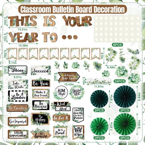 Pasimy This is Your Year Bulletin Board Borders Eucalyptus Plant Inspirational Classroom Decoration Welcome Back to School Bulletin Board 3D Paper Fans for School Office Home Chalkboard Wall Decor