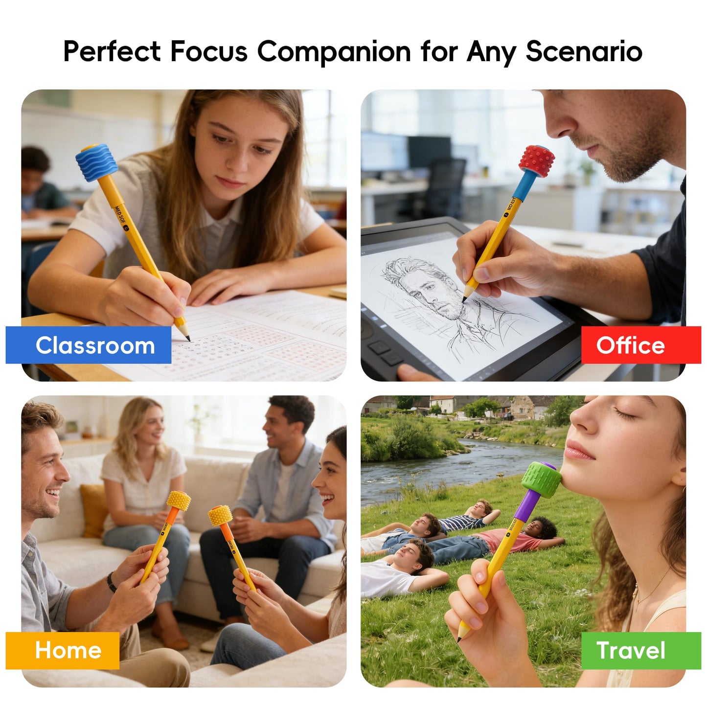 4 in 1 Pencil Fidgets for ADHD & Autism Anxiety Relief,60s Continuous Spin Pencil Topper with Textured Spinners,Silent Sensory Stress Relief Tool for Focus & Calm,Fidget Pen Flipper for Home&Classroom