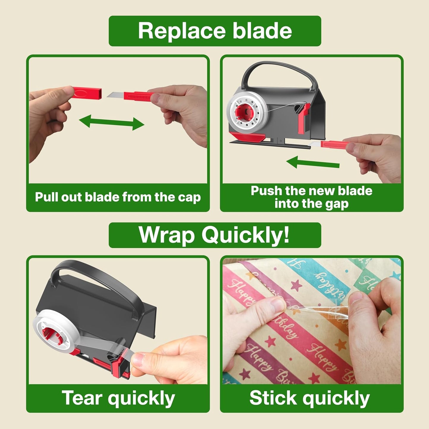(2-Pack) Wrapping Paper Cutter & Tape Dispenser Dual Use with 4 Tapes,2 Replace Blades Kit for Christmas Gift Wrap Cutter Tool Paper Roll Holder Tube Sliding Slicing for Birthday Holiday.