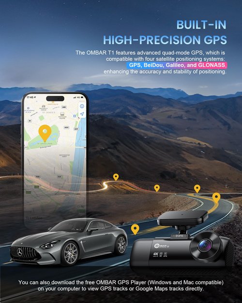OMBAR T1 4K 3 Channel Dash Cam, STARVIS 2 IMX678 Sensors, Free 128GB Card, 2025 New Full Color HDR Night Vision, 4K+1080P+1080P Triple Car Camera,5G WiFi, 24H Parking Mode, Support 512GB Max