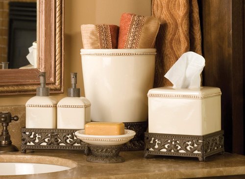 GG Collection Small Cream Ceramic Wastebasket with Acanthus Leaf Metal Base