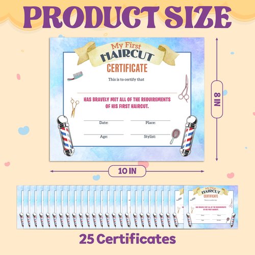 First Haircut Certificate, Comb Scissors First Haircut Keepsake Award Gifts for Kids Baby, 1st Hair Cut Souvenir Milestone Marker Supplies, 25 Pack Achievement Certificates of Recognition, 30