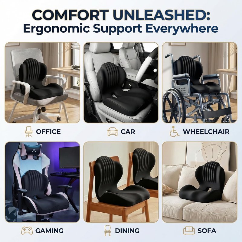 Ergonomic Seat Memory Foam Support Cushion for Back, Car Seat Back Support Cushion for Sciatica Tailbone Pain, Office Desk Chair Car Travel Seat Cushion (Black)