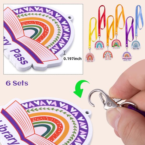 12 Sets Wooden Boho Rainbow Hall Passes for Classrooms Elementary Back to School Unbreakable Hall Pass Lanyards and School Passes Unbreakable Bathroom Passes for Classrooms Hall Library Nurse Office