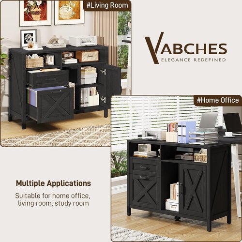 Lateral File Cabinet, Farmhouse 2 Drawer File Cabinet with Open Storage Shelf for Letter/Legal/A4 Size Hanging Files, Large Wood File Storage Cabinets Printer Stand for Home Office, Black