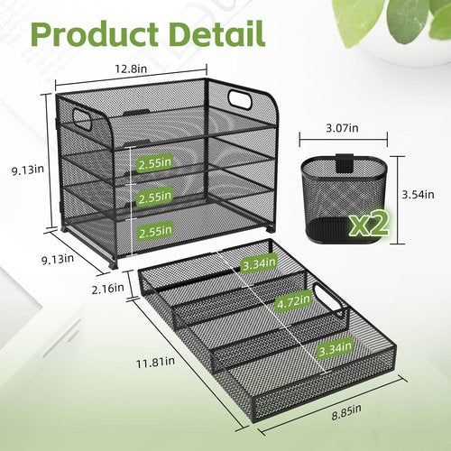 ZXZOFCA Desk Organizer and Accessories,4-tier Paper Letter Tray Organizer, Desk File Organizer with Drawers and 2 Pen Holders for School and Home Office Supplies (black)